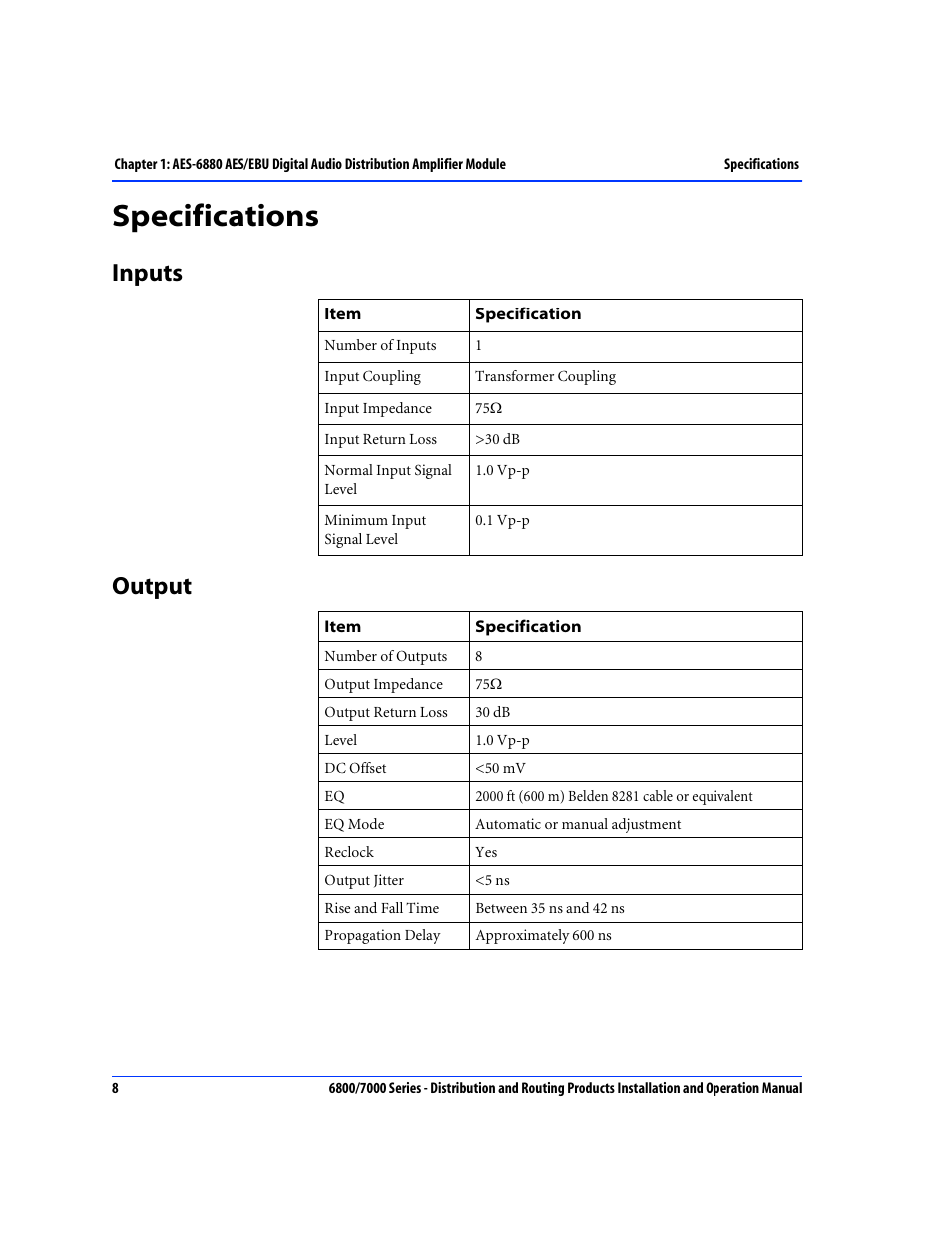 Specifications, Inputs, Output | Inputs output | Nokia 6800 Series User Manual | Page 35 / 151