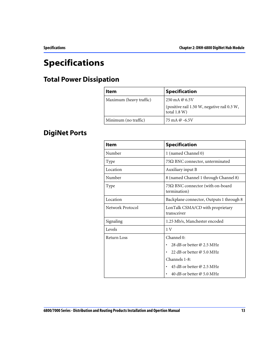 Specifications, Total power dissipation, Diginet ports | Total power dissipation diginet ports | Nokia 6800 Series User Manual | Page 40 / 151