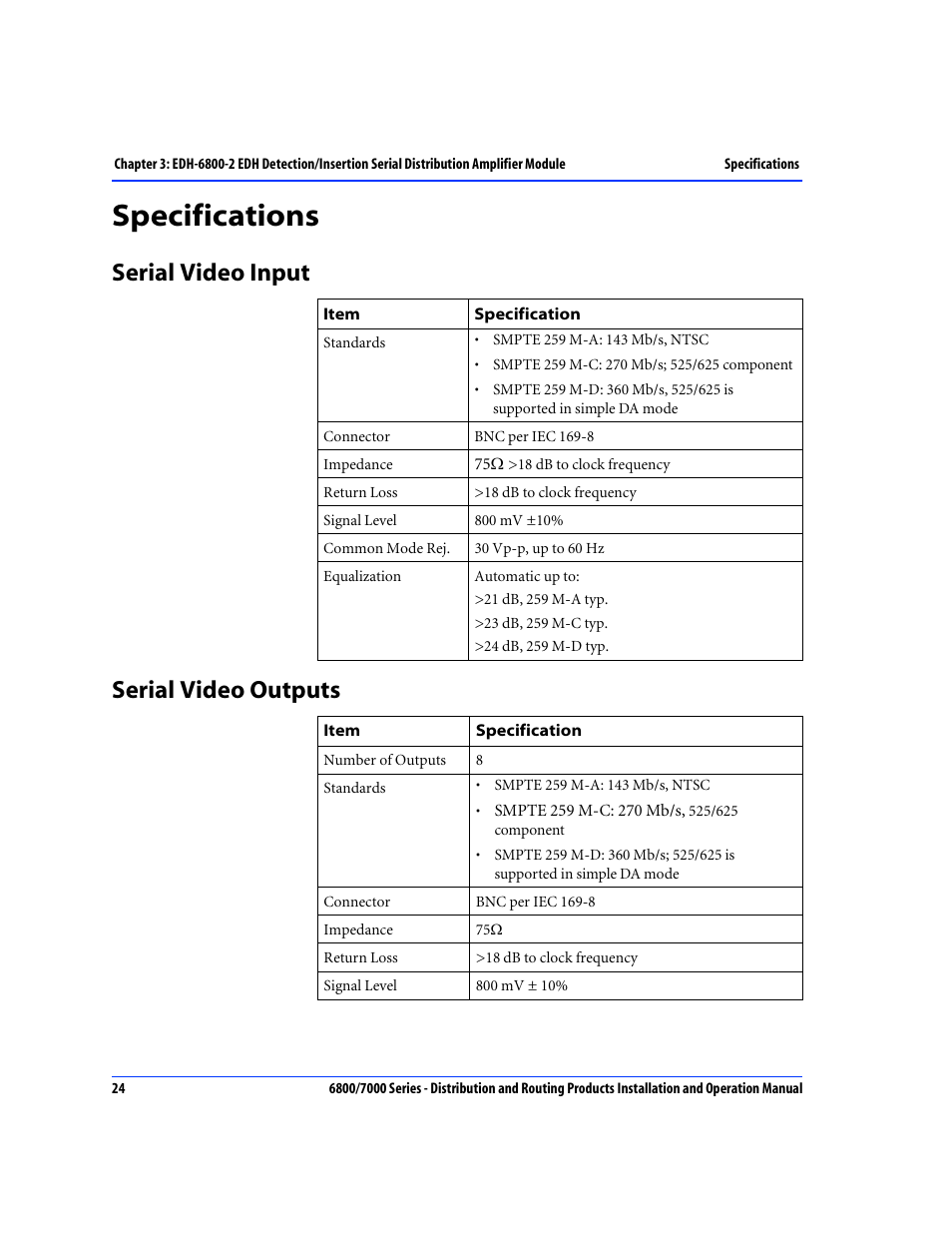 Specifications, Serial video input, Serial video outputs | Serial video input serial video outputs | Nokia 6800 Series User Manual | Page 51 / 151