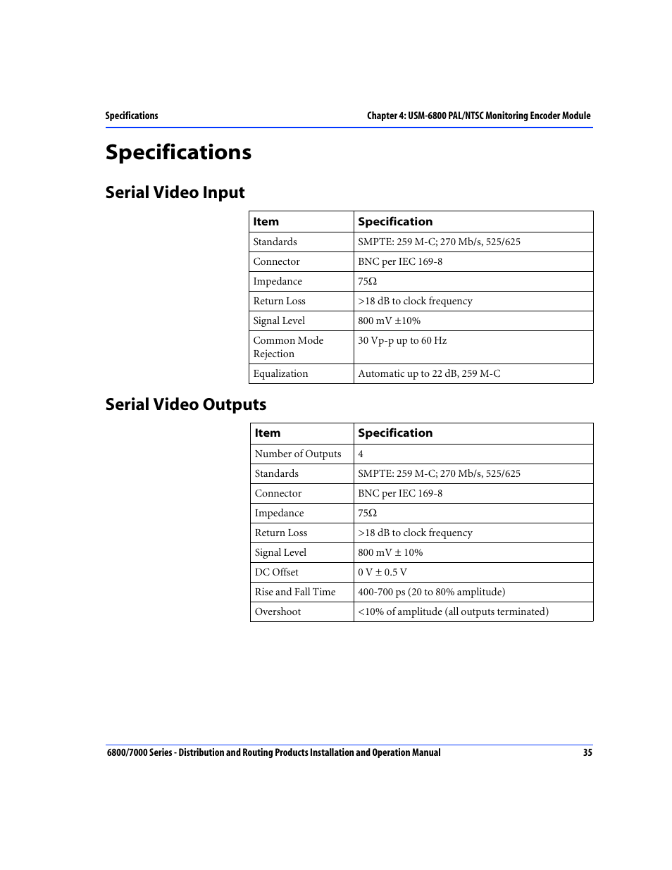 Specifications, Serial video input, Serial video outputs | Serial video input serial video outputs | Nokia 6800 Series User Manual | Page 62 / 151