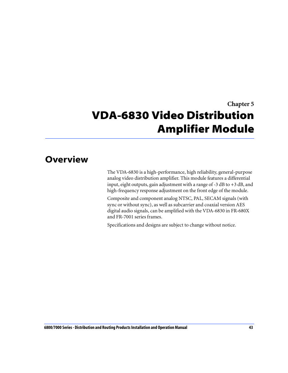 Overview, Vda-6830 video distribution amplifier module | Nokia 6800 Series User Manual | Page 70 / 151