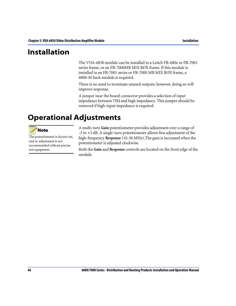 Installation, Operational adjustments, Installation operational adjustments | Nokia 6800 Series User Manual | Page 73 / 151