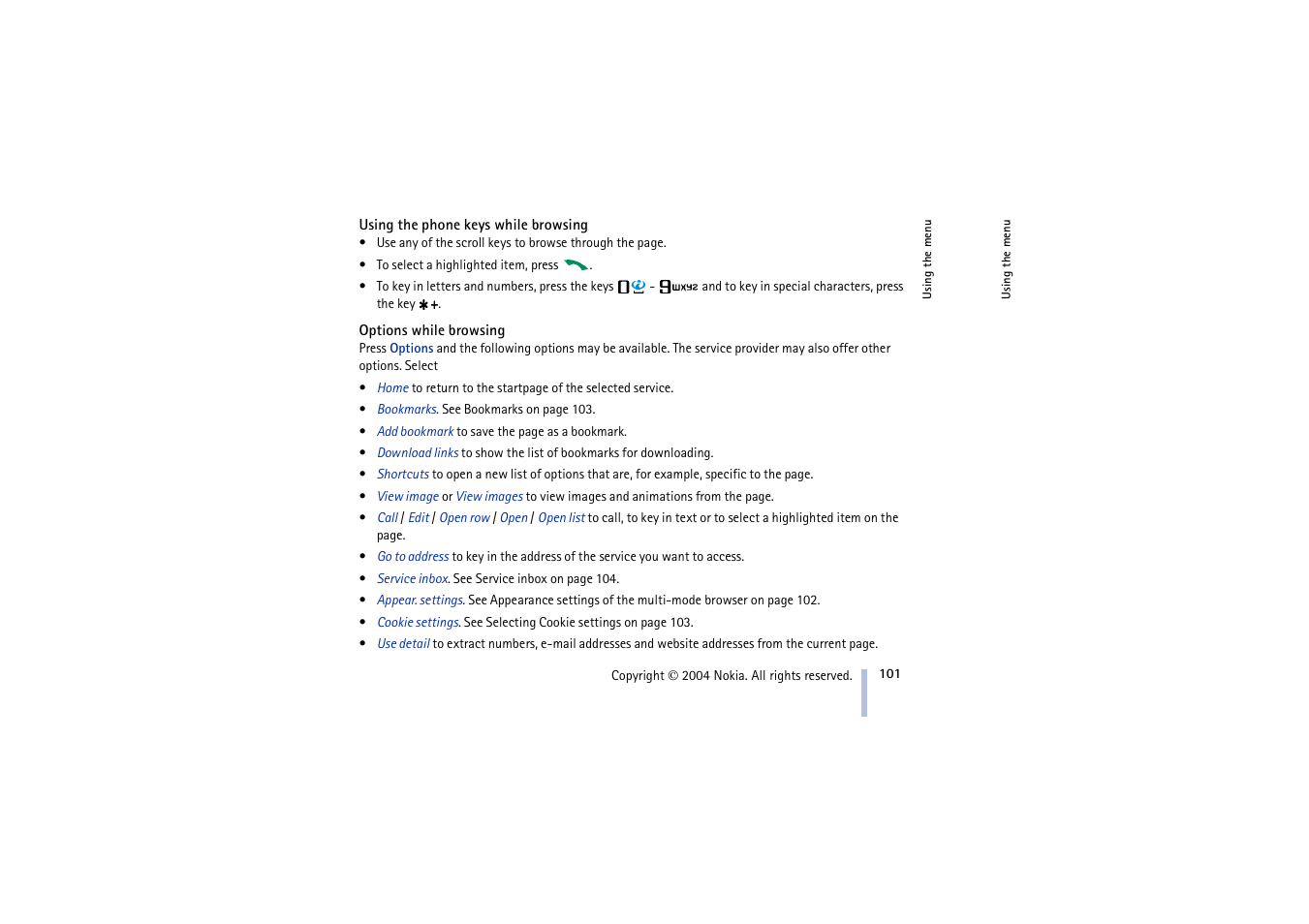 Using the phone keys while browsing, Options while browsing | Nokia 3100 User Manual | Page 101 / 118
