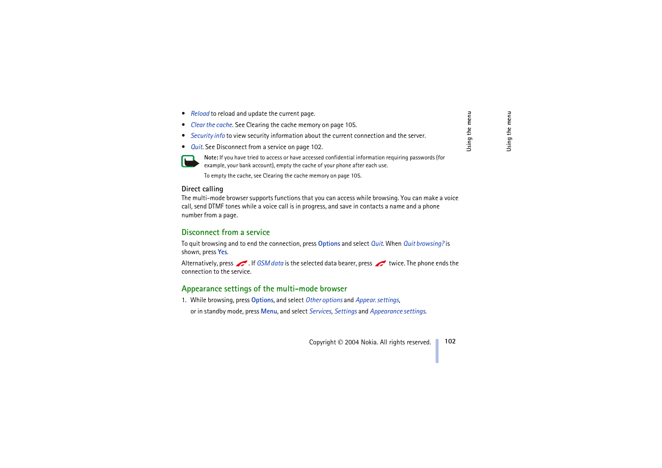Direct calling, Disconnect from a service, Appearance settings of the multi-mode browser | Ge 102 | Nokia 3100 User Manual | Page 102 / 118