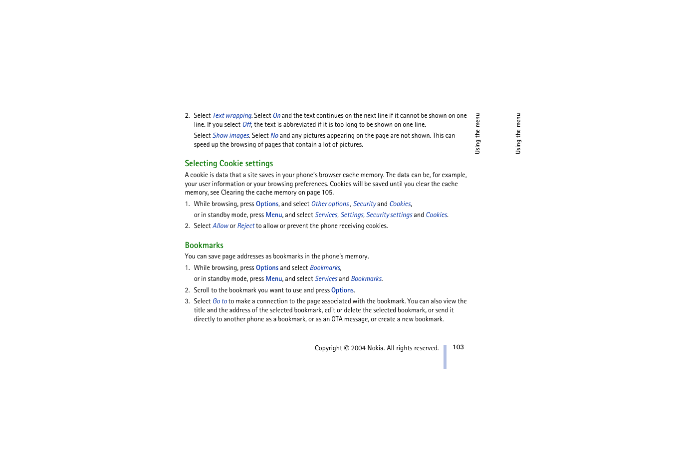 Selecting cookie settings, Bookmarks, Selecting cookie settings bookmarks | Nokia 3100 User Manual | Page 103 / 118