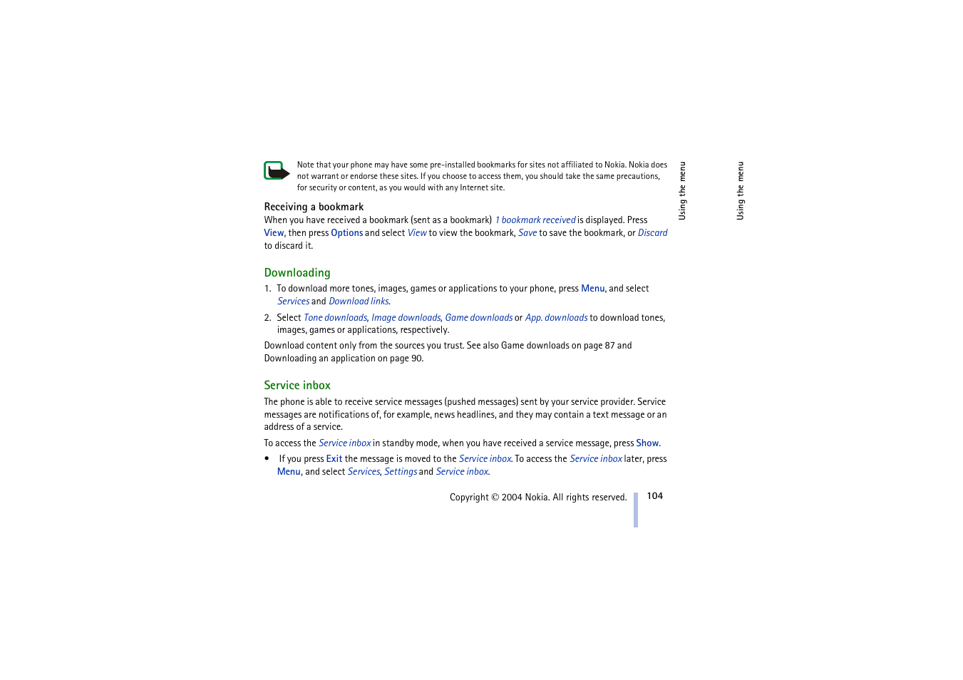 Receiving a bookmark, Downloading, Service inbox | Downloading service inbox | Nokia 3100 User Manual | Page 104 / 118