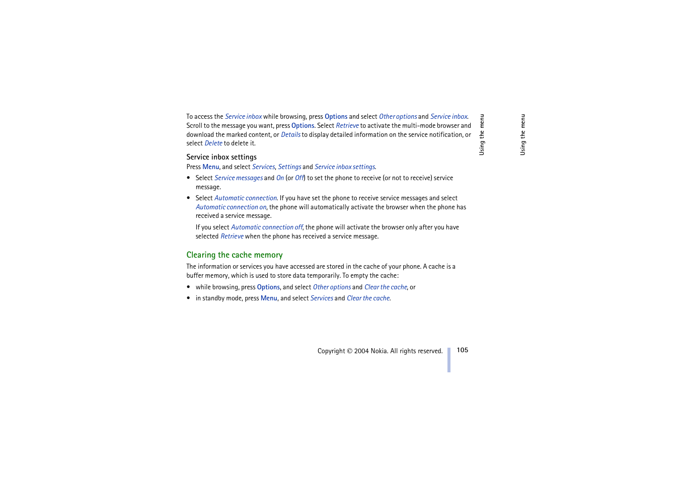 Service inbox settings, Clearing the cache memory, See clearing the cache memory | E clearing the cache memory o | Nokia 3100 User Manual | Page 105 / 118