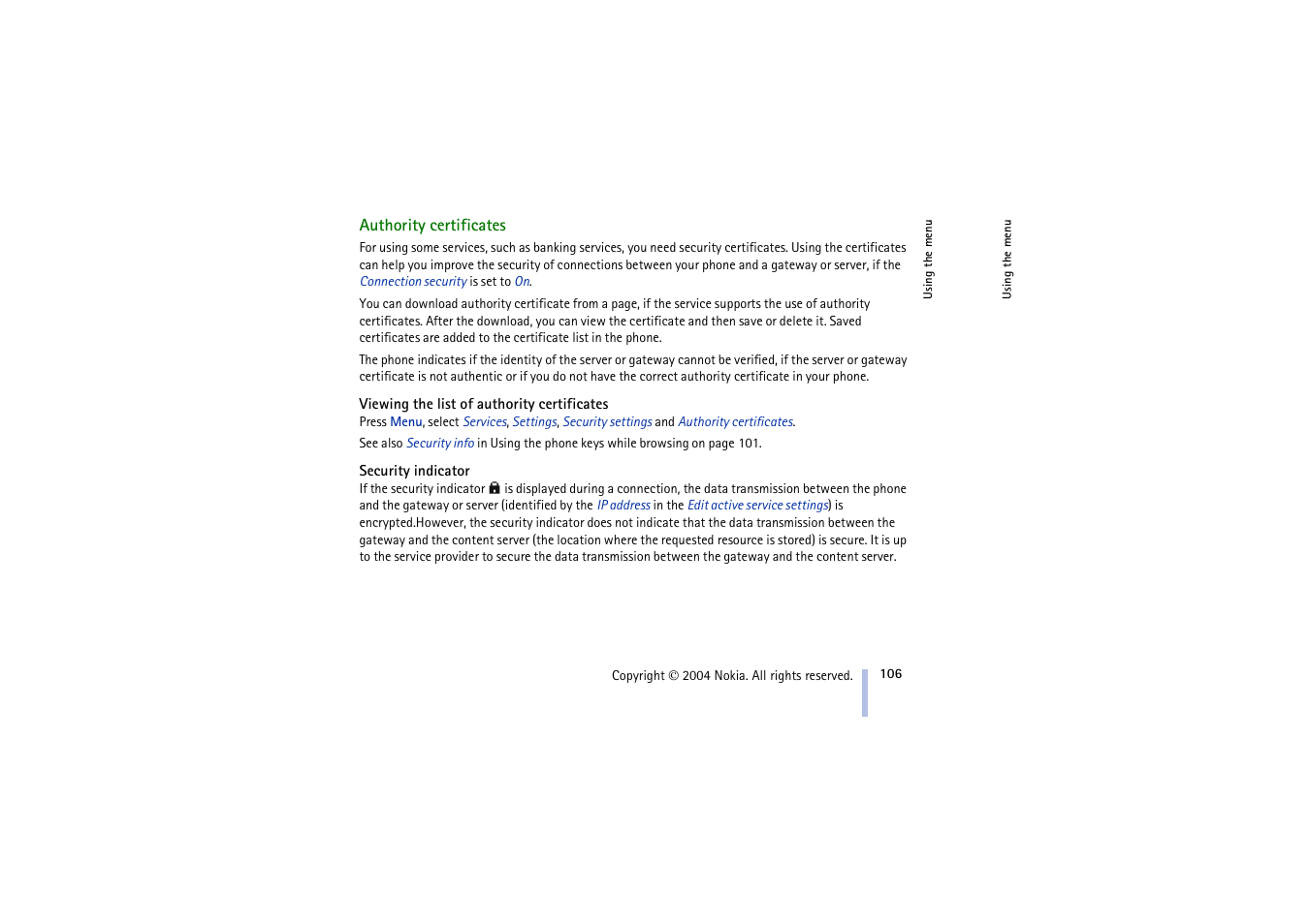 Authority certificates, Viewing the list of authority certificates, Security indicator | Nokia 3100 User Manual | Page 106 / 118