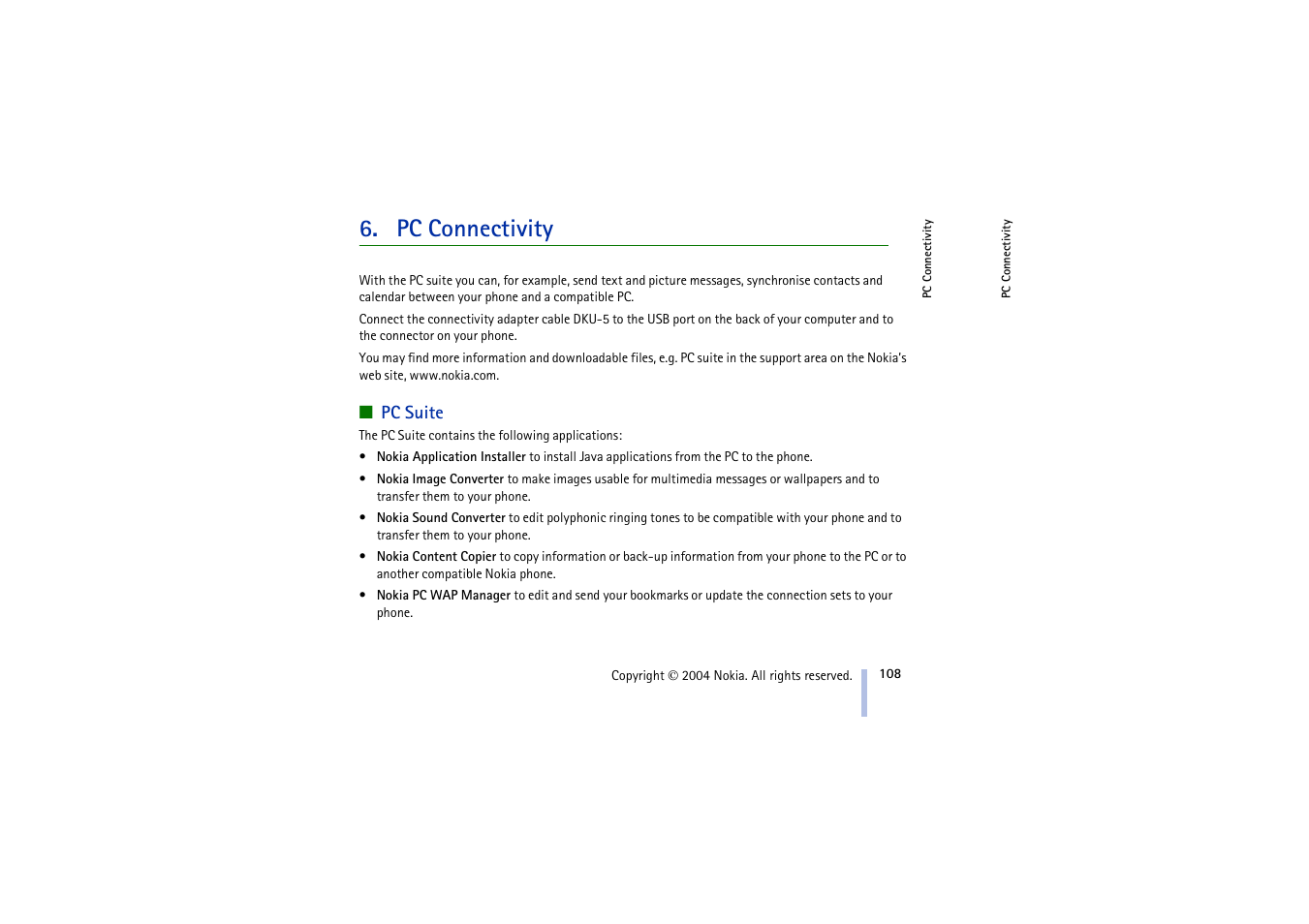 Pc connectivity, Pc suite | Nokia 3100 User Manual | Page 108 / 118