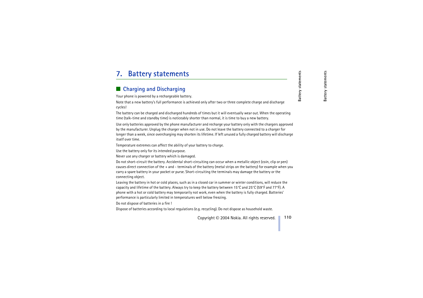 Battery statements, Charging and discharging | Nokia 3100 User Manual | Page 110 / 118