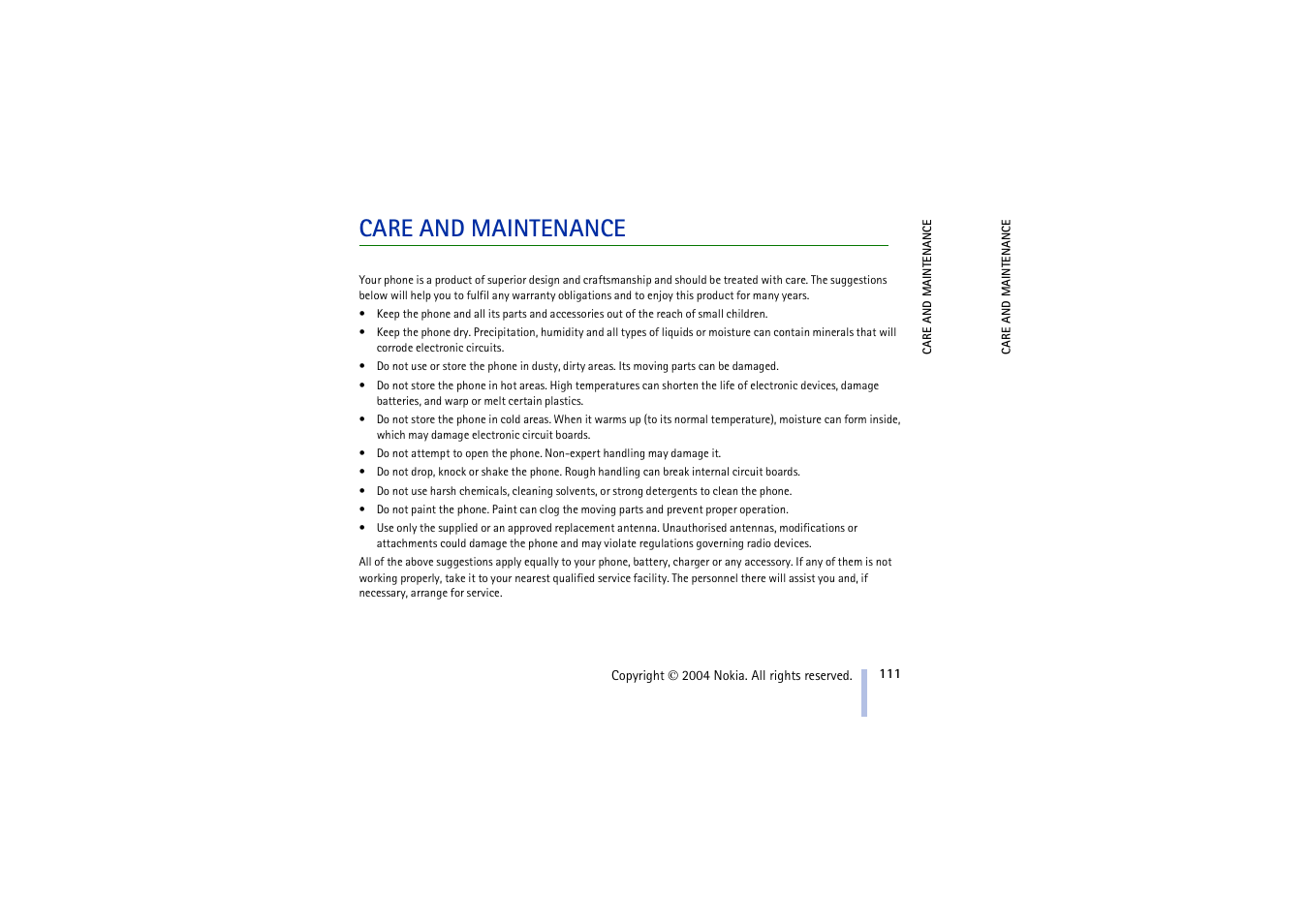 Care and maintenance | Nokia 3100 User Manual | Page 111 / 118