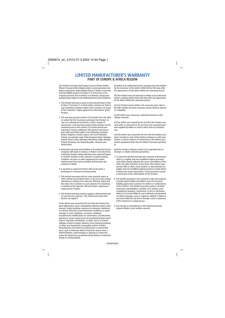 Limited manufacturer's warranty, Part of europe & africa region | Nokia 3100 User Manual | Page 117 / 118
