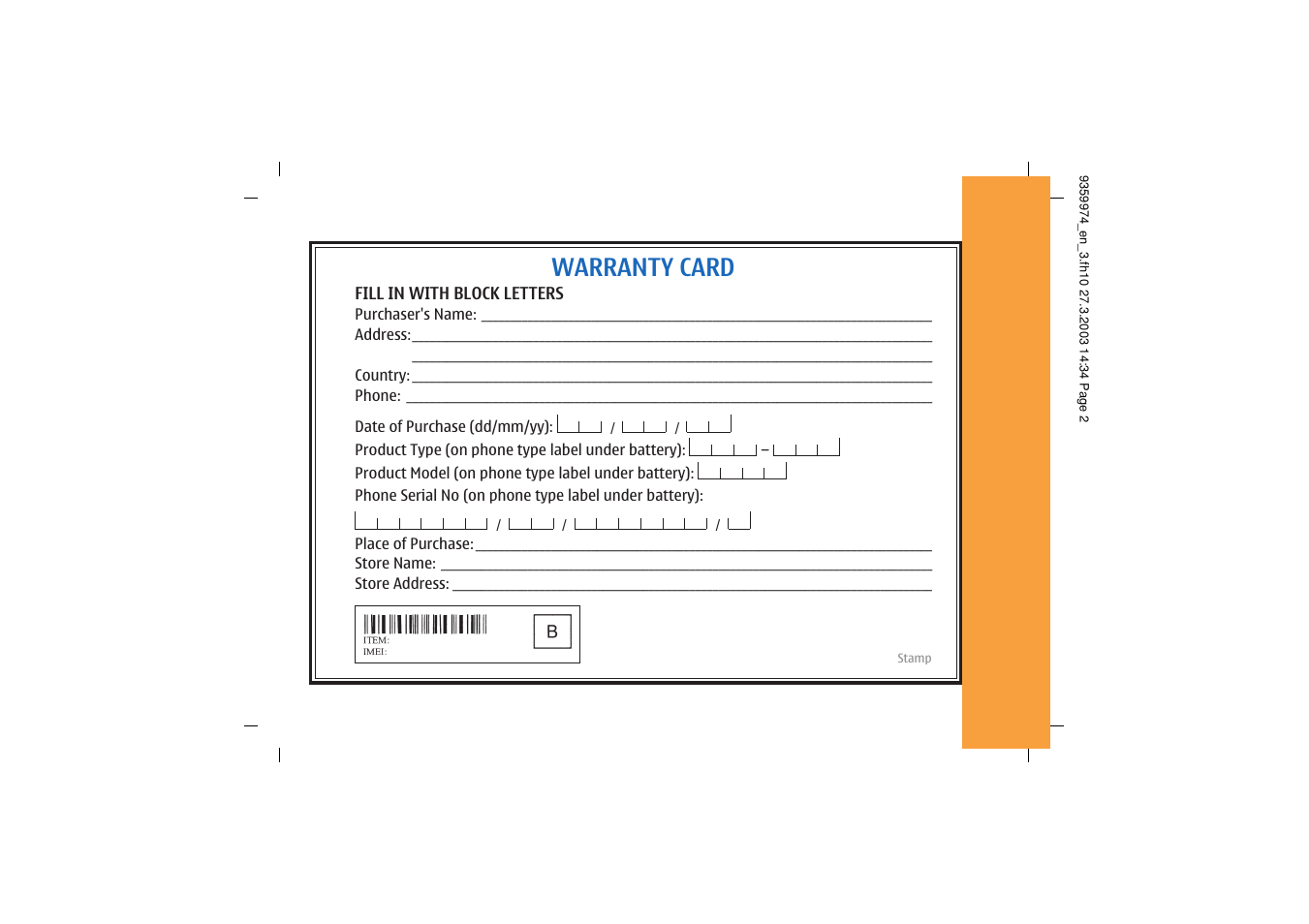 Warranty card | Nokia 3100 User Manual | Page 118 / 118