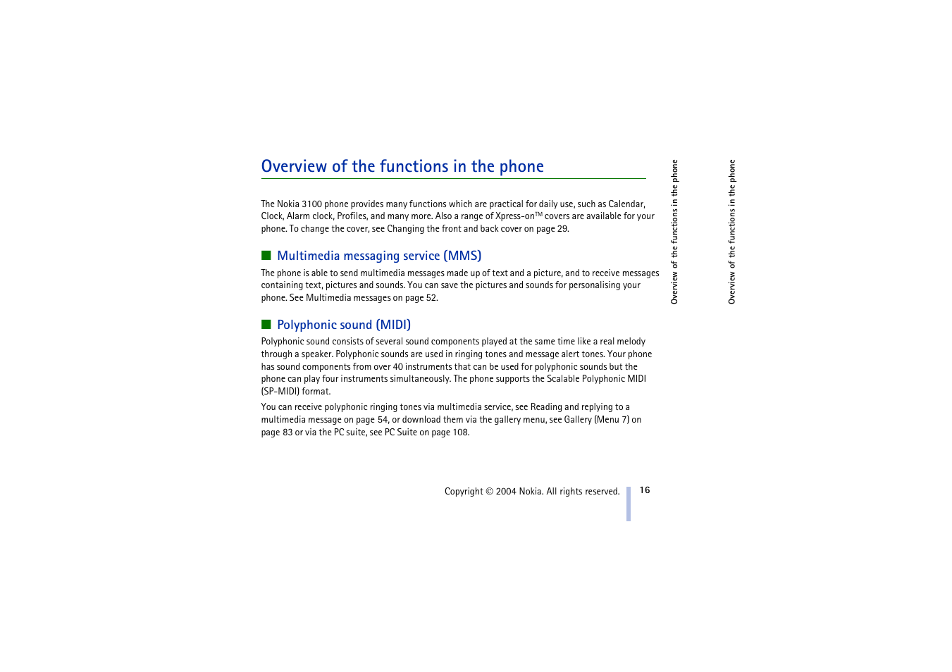 Overview of the functions in the phone, Multimedia messaging service (mms), Polyphonic sound (midi) | Nokia 3100 User Manual | Page 16 / 118