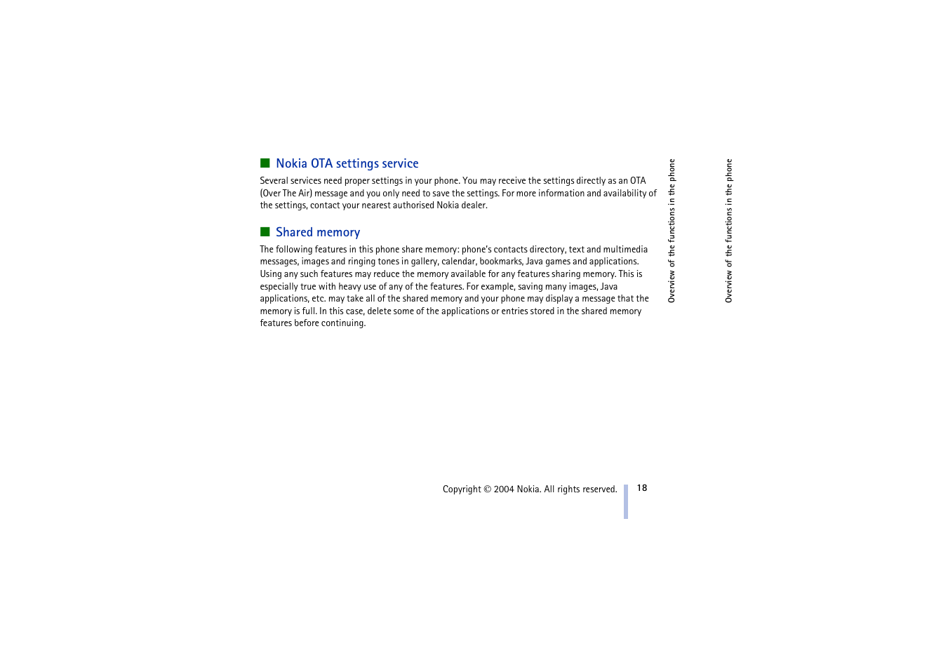 Nokia ota settings service, Shared memory, Nokia ota settings service shared memory | Nokia 3100 User Manual | Page 18 / 118