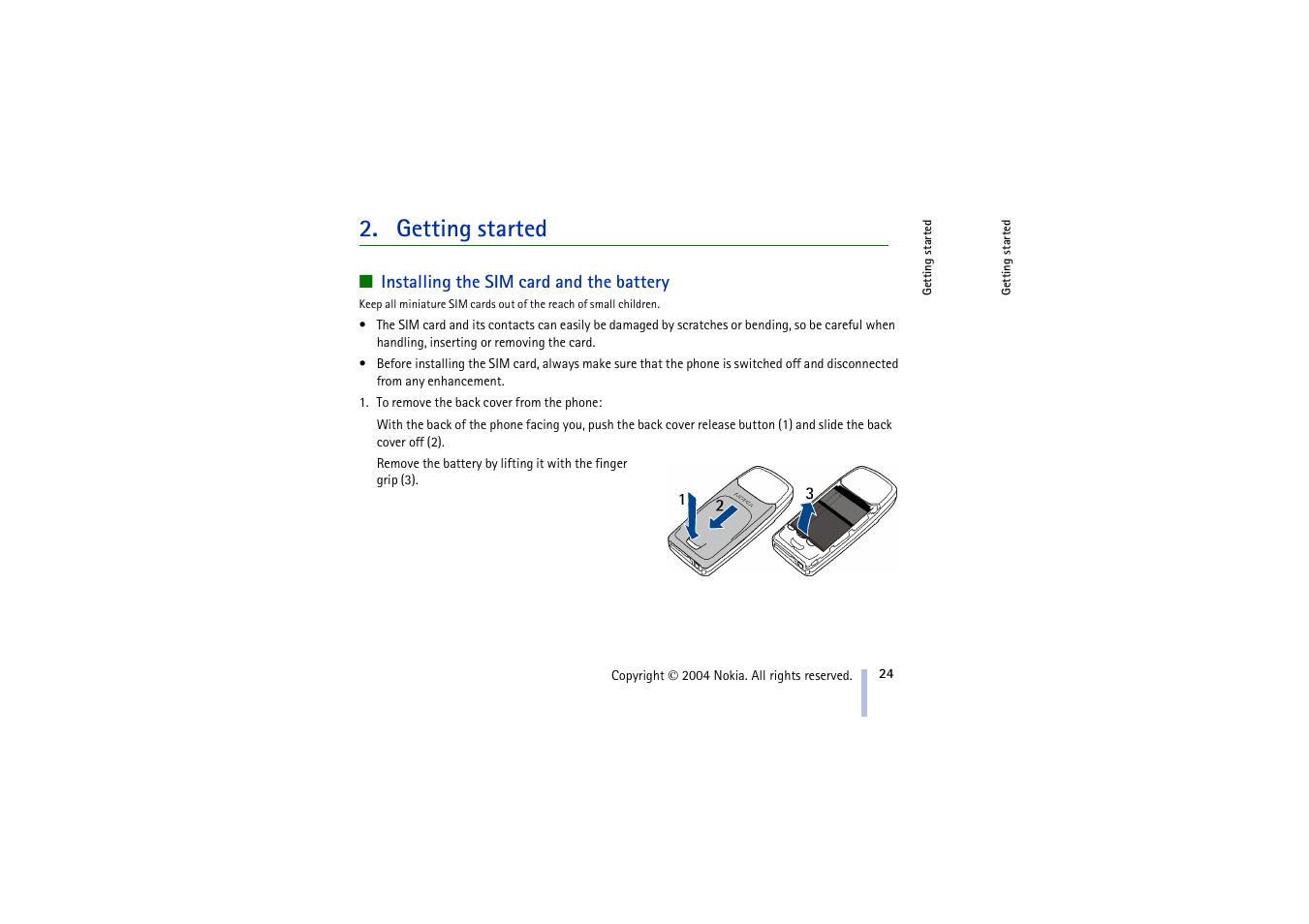 Getting started, Installing the sim card and the battery | Nokia 3100 User Manual | Page 24 / 118