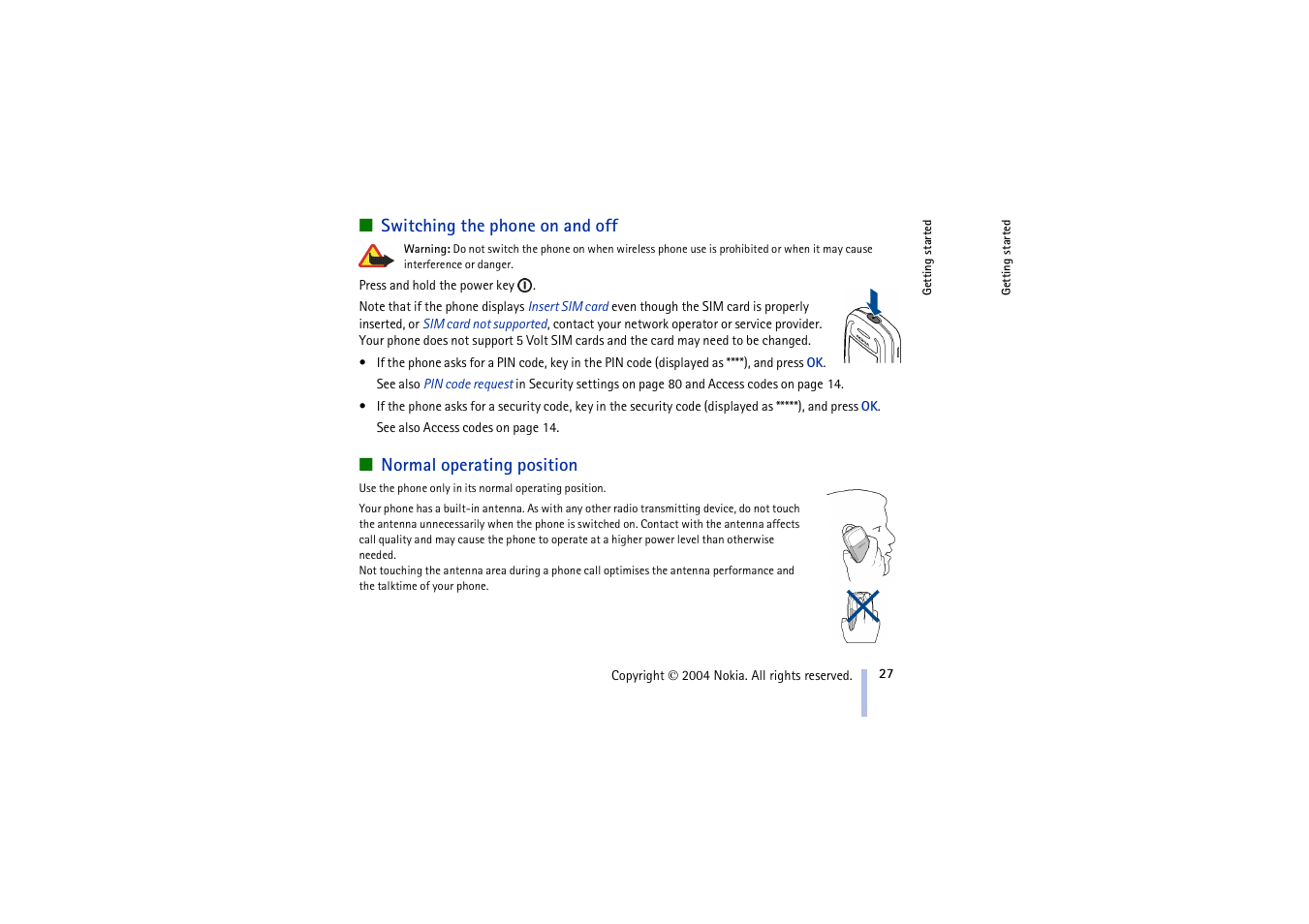 Switching the phone on and off, Normal operating position | Nokia 3100 User Manual | Page 27 / 118