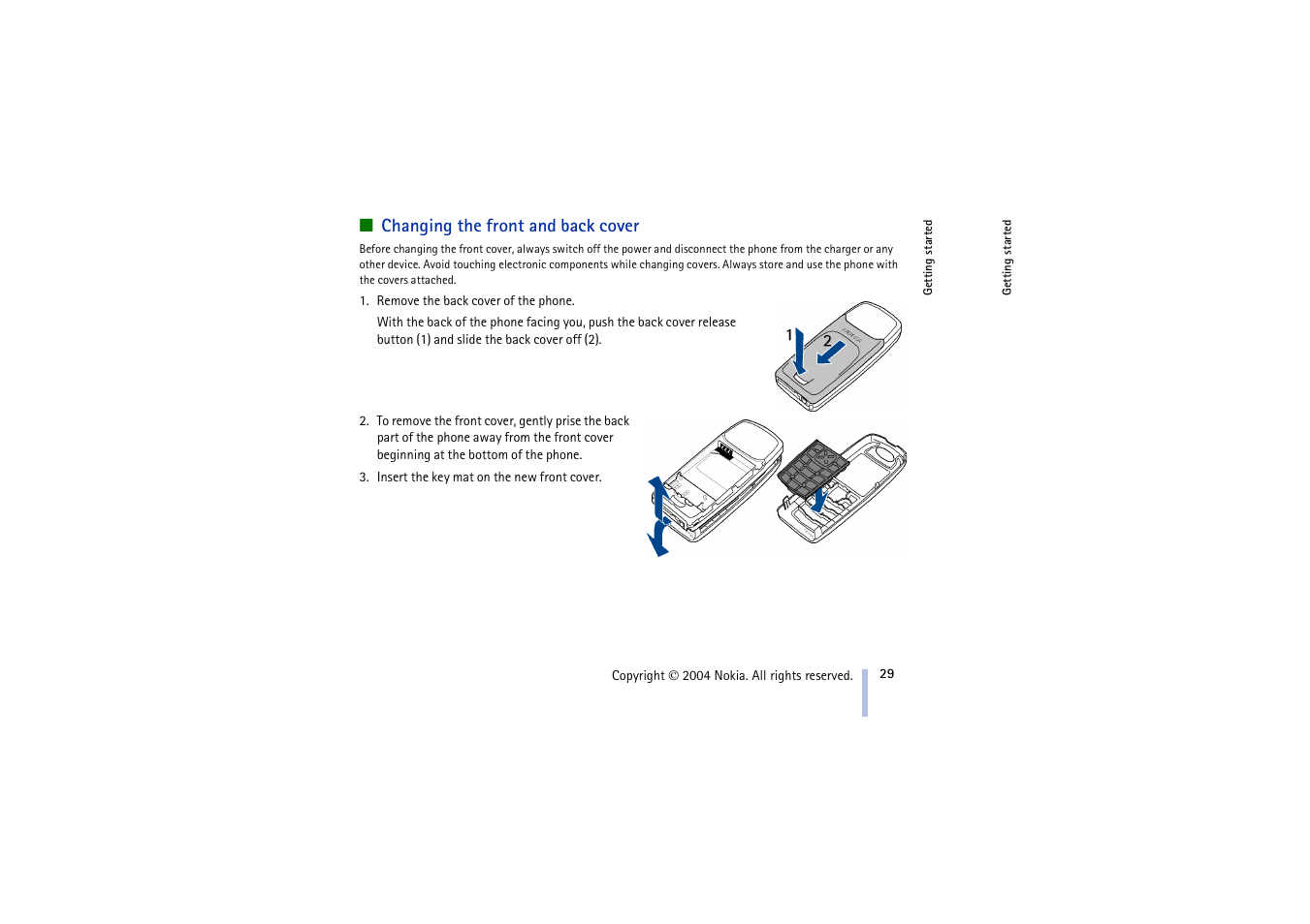 Changing the front and back cover | Nokia 3100 User Manual | Page 29 / 118
