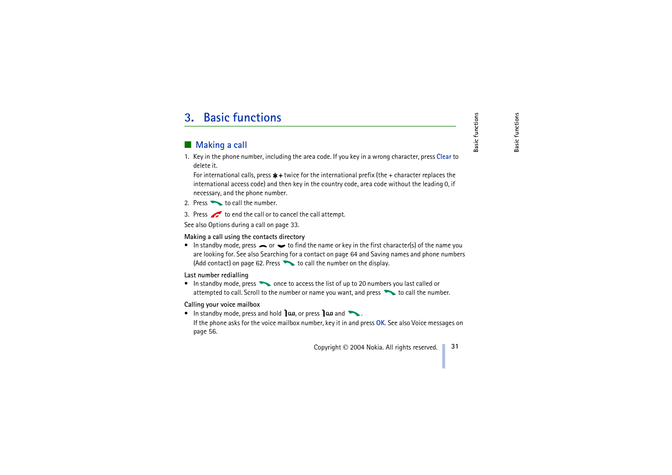 Basic functions, Making a call | Nokia 3100 User Manual | Page 31 / 118