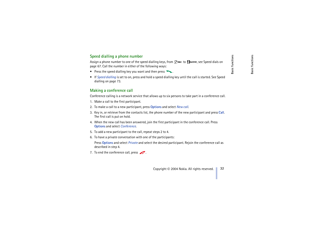 Speed dialling a phone number, Making a conference call | Nokia 3100 User Manual | Page 32 / 118