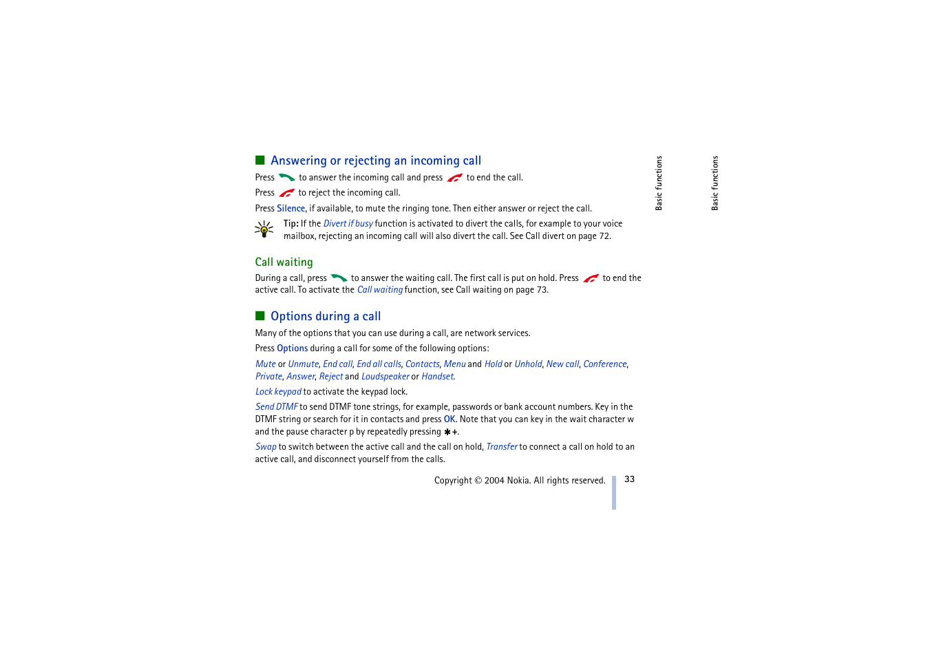 Answering or rejecting an incoming call, Call waiting, Options during a call | E options during a call | Nokia 3100 User Manual | Page 33 / 118