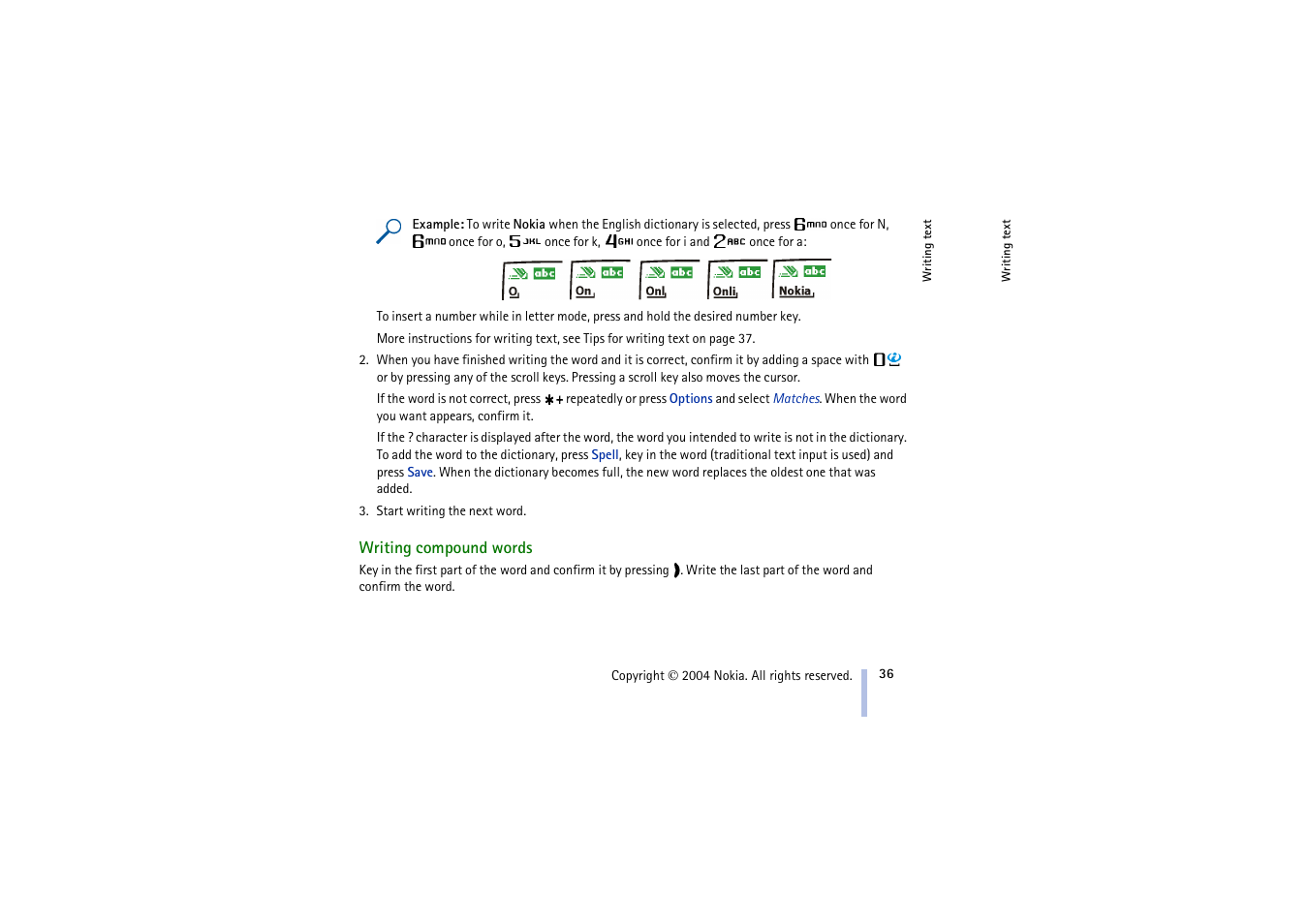 Writing compound words | Nokia 3100 User Manual | Page 36 / 118