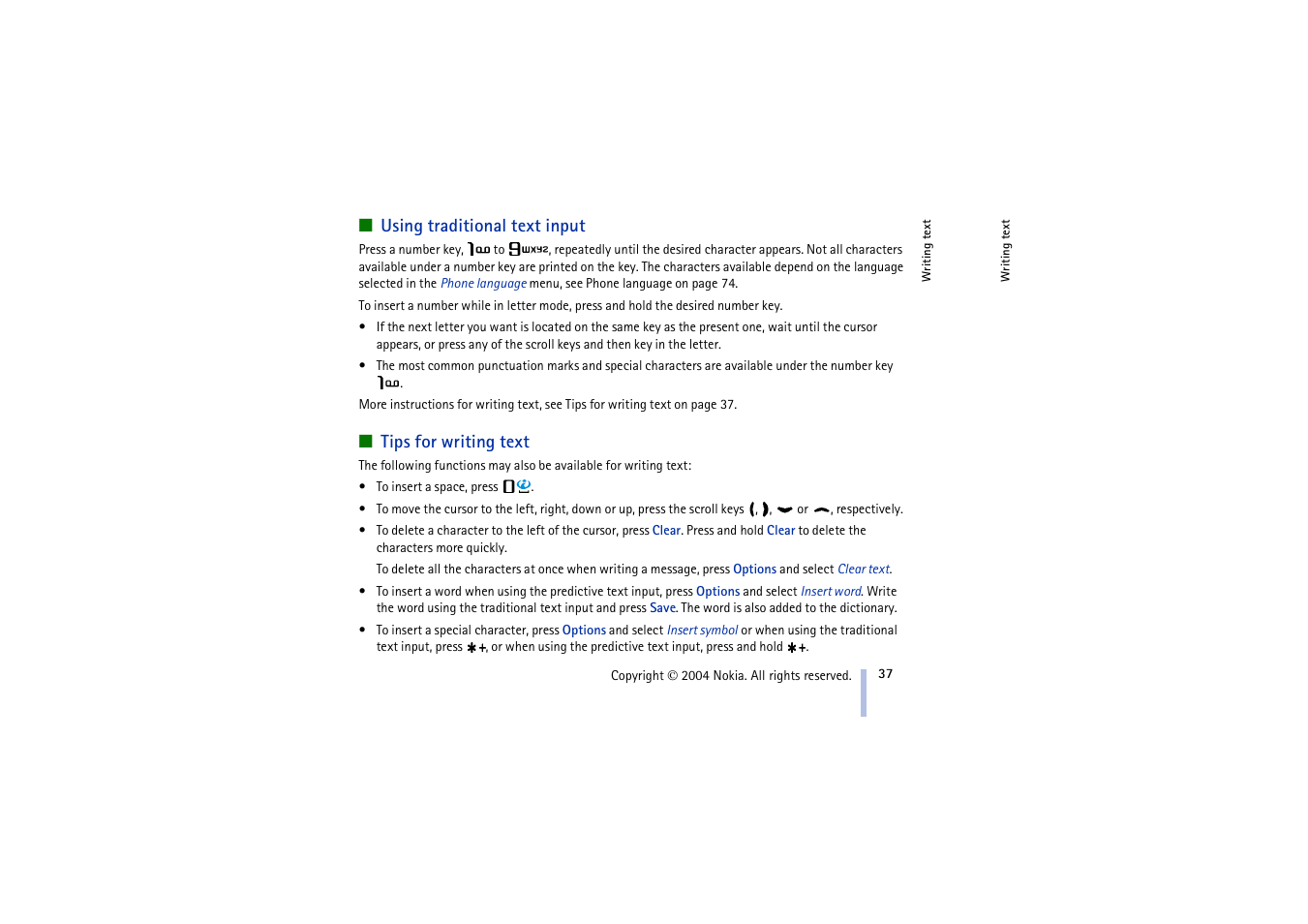 Using traditional text input, Tips for writing text, Using traditional text input tips for writing text | Nokia 3100 User Manual | Page 37 / 118