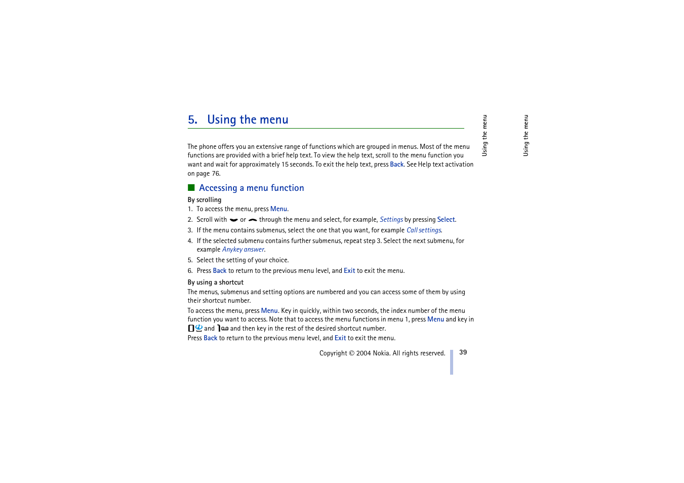 Using the menu, Accessing a menu function | Nokia 3100 User Manual | Page 39 / 118