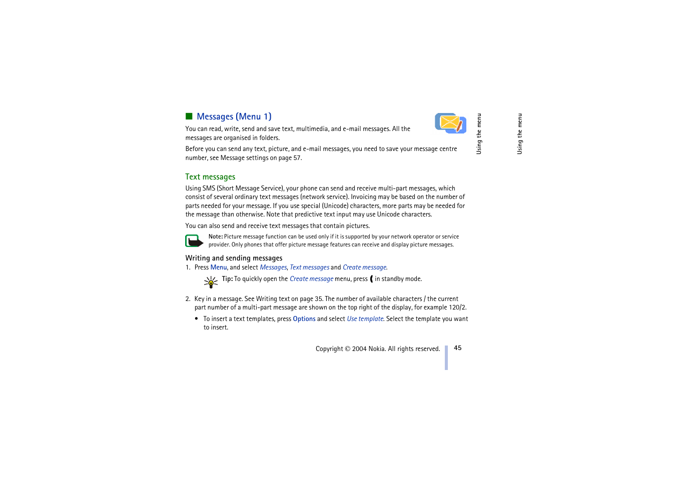 Messages (menu 1), Text messages, Writing and sending messages | Nokia 3100 User Manual | Page 45 / 118
