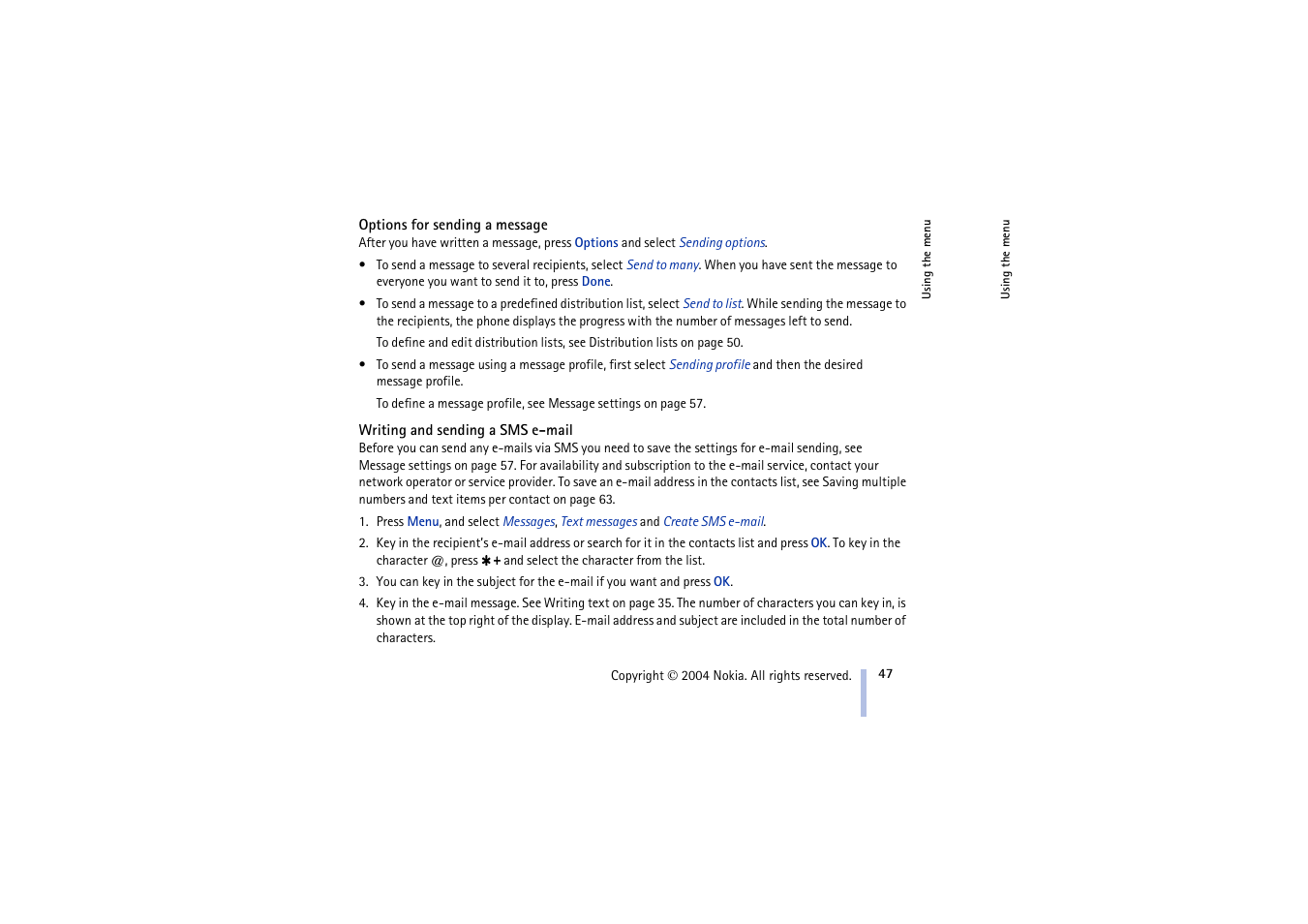 Options for sending a message, Writing and sending a sms e-mail | Nokia 3100 User Manual | Page 47 / 118