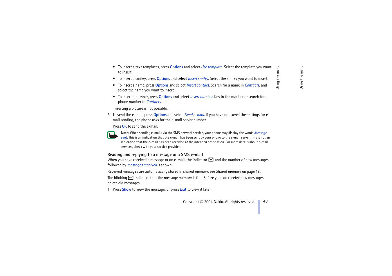 Reading and replying to a message or a sms e-mail | Nokia 3100 User Manual | Page 48 / 118