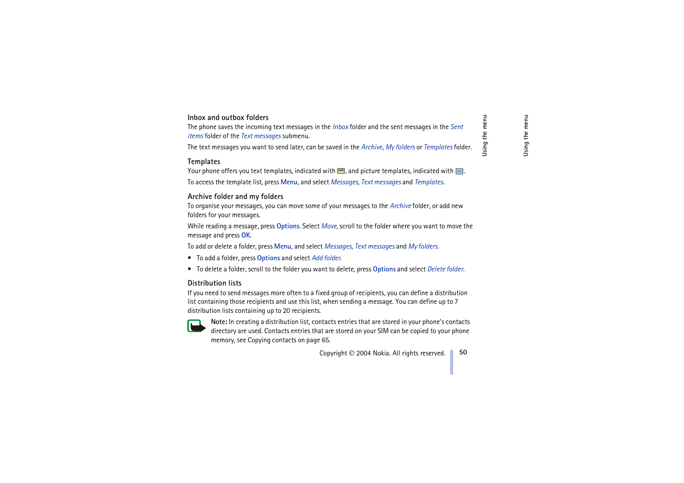 Inbox and outbox folders, Templates, Archive folder and my folders | Distribution lists, Inbox and outbox folders templates, Archive folder and my folders distribution lists, Deleting contacts | Nokia 3100 User Manual | Page 50 / 118