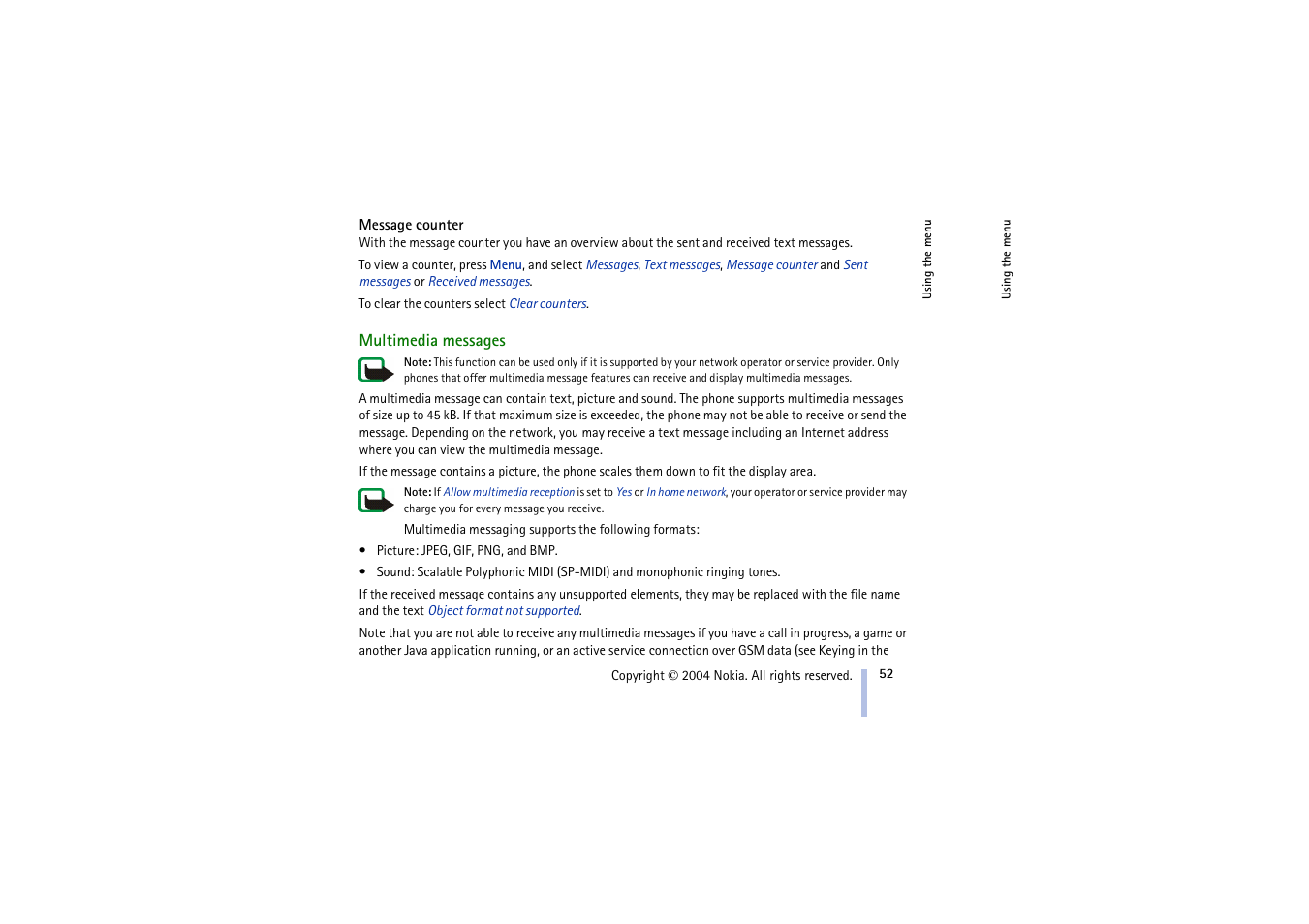 Message counter, Multimedia messages | Nokia 3100 User Manual | Page 52 / 118