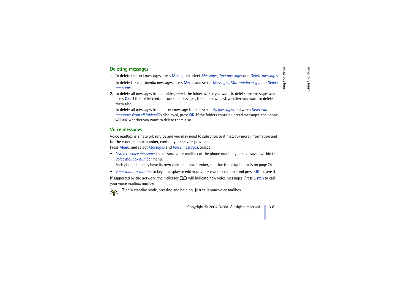 Deleting messages, Voice messages, Deleting messages voice messages | See voice messages | Nokia 3100 User Manual | Page 56 / 118