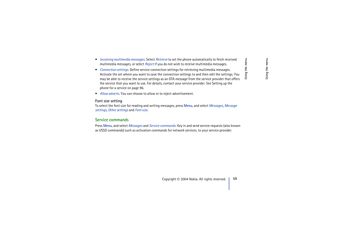 Font size setting, Service commands | Nokia 3100 User Manual | Page 59 / 118