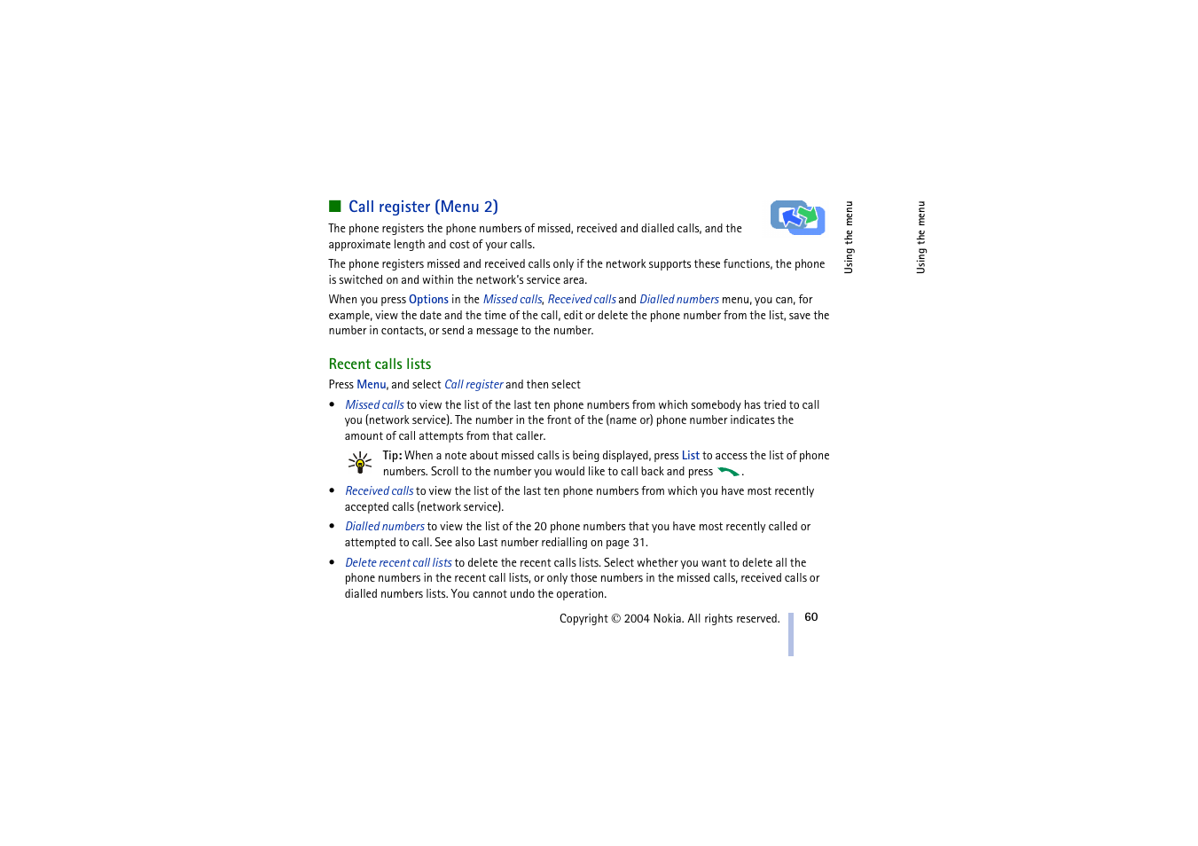 Call register (menu 2), Recent calls lists, See call register (menu 2) on | Nokia 3100 User Manual | Page 60 / 118