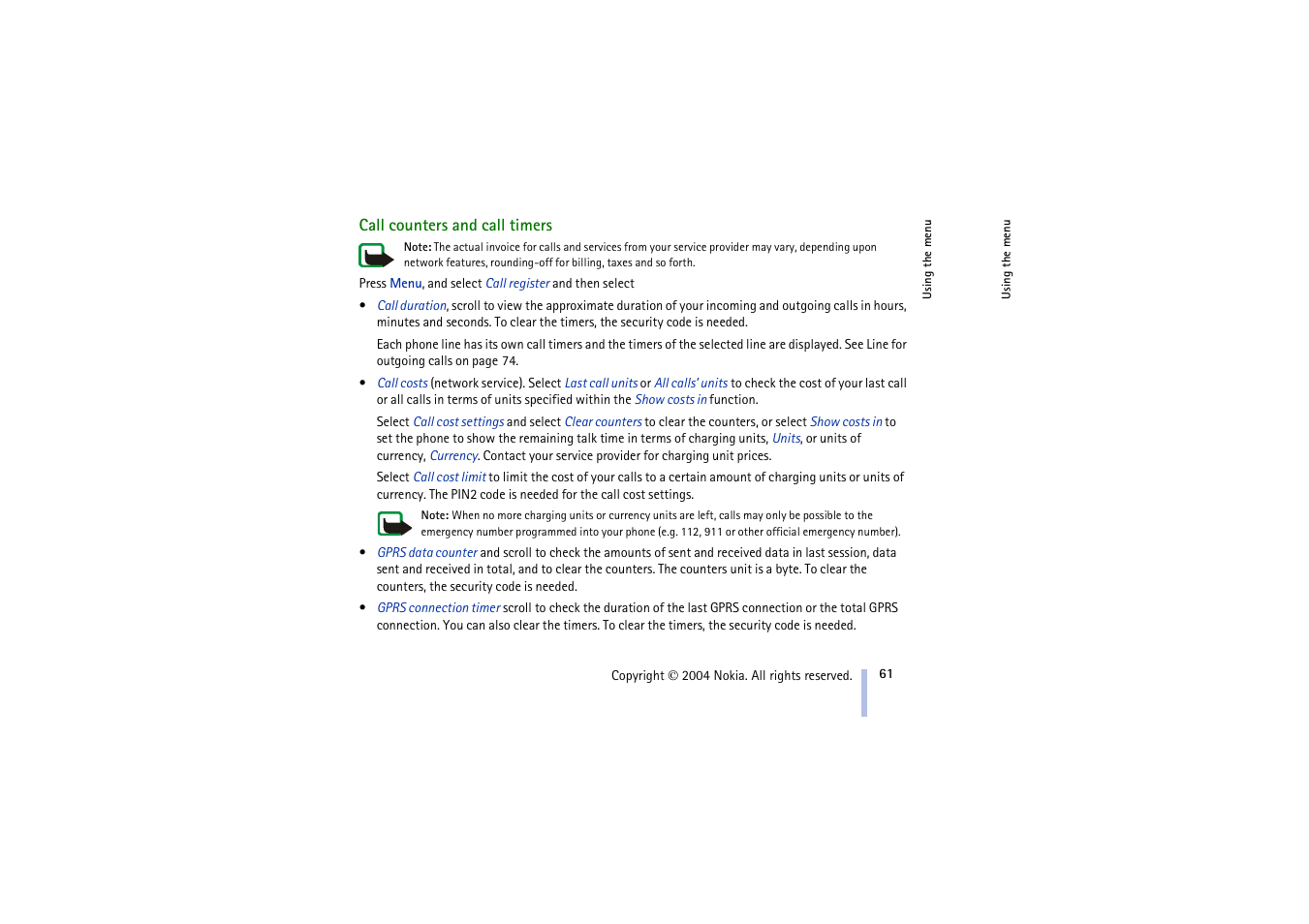 Call counters and call timers | Nokia 3100 User Manual | Page 61 / 118