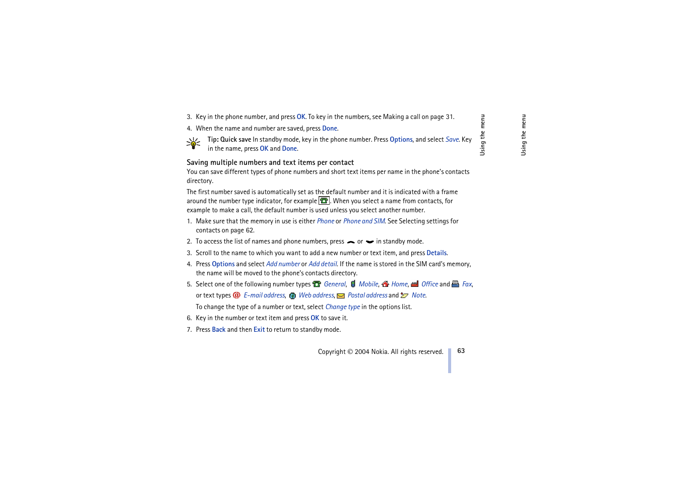 Saving multiple numbers and text items per contact | Nokia 3100 User Manual | Page 63 / 118