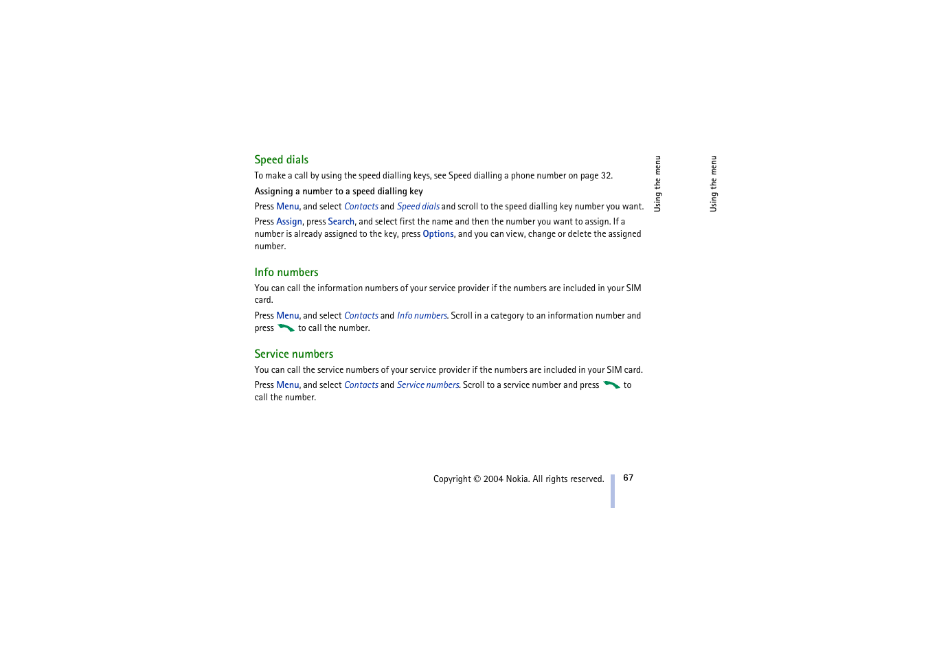 Speed dials, Info numbers, Service numbers | Speed dials info numbers service numbers, Ee speed dials on, Call | Nokia 3100 User Manual | Page 67 / 118