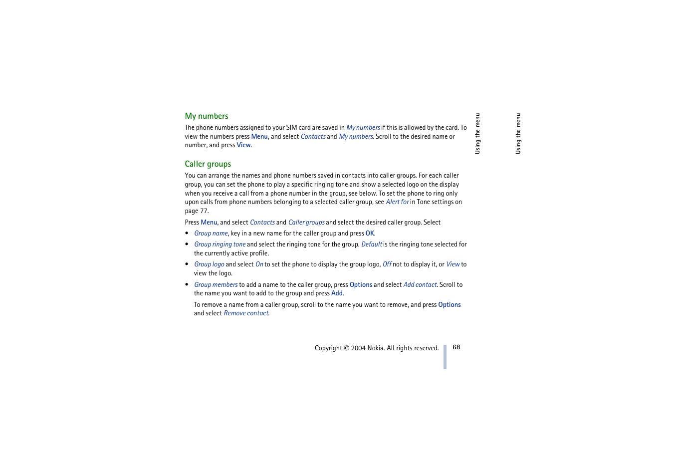 My numbers, Caller groups, My numbers caller groups | Nokia 3100 User Manual | Page 68 / 118