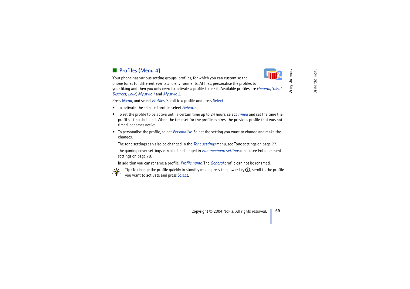 Profiles (menu 4), See profiles (menu 4) on pa | Nokia 3100 User Manual | Page 69 / 118