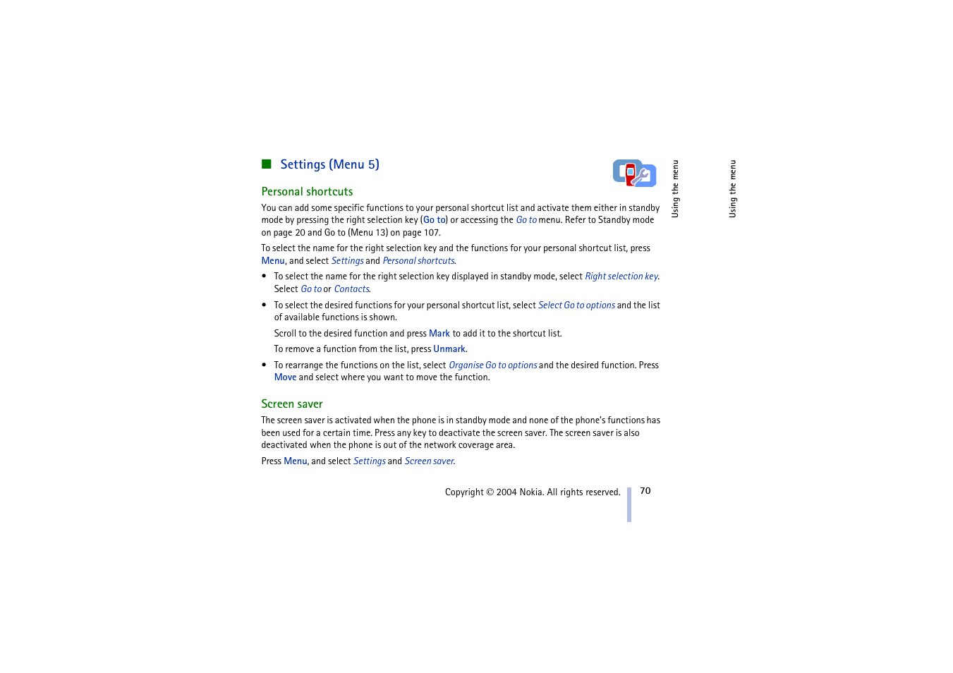 Settings (menu 5), Personal shortcuts, Screen saver | Personal shortcuts screen saver, See screen saver | Nokia 3100 User Manual | Page 70 / 118