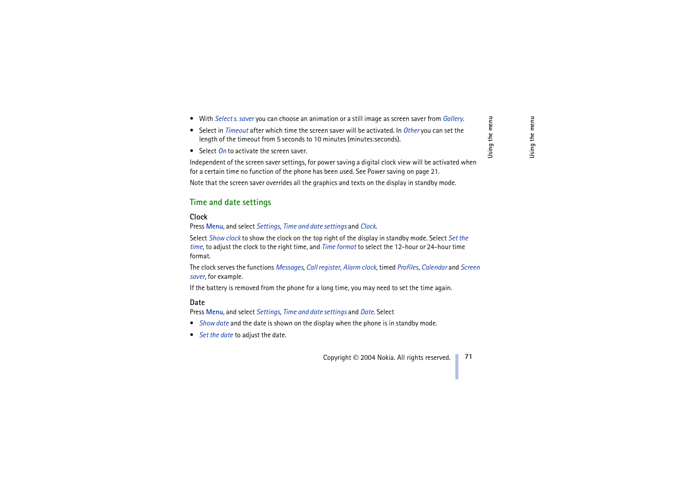 Time and date settings, Clock, Date | Clock date, Ee clock | Nokia 3100 User Manual | Page 71 / 118