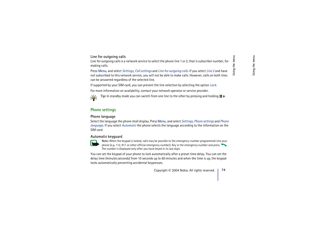 Line for outgoing calls, Phone settings, Phone language | Automatic keyguard, Phone language automatic keyguard, E phone language on | Nokia 3100 User Manual | Page 74 / 118