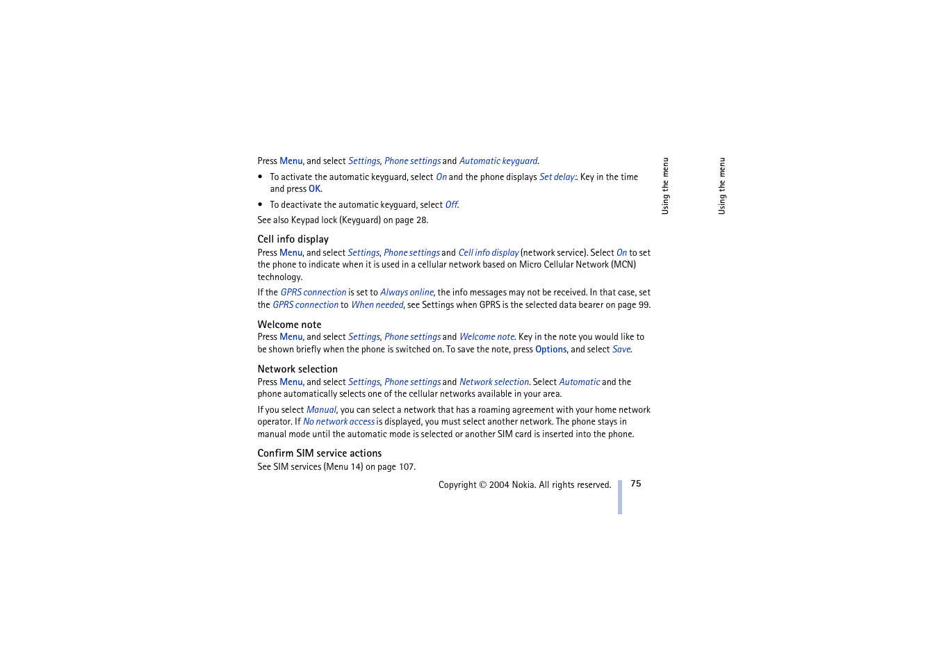 Cell info display, Welcome note, Network selection | Confirm sim service actions, Downloading an application | Nokia 3100 User Manual | Page 75 / 118