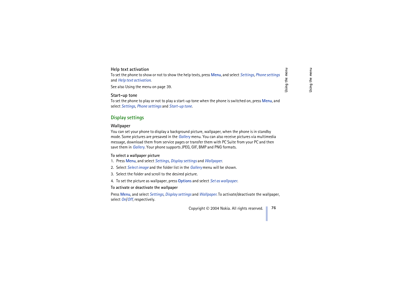 Help text activation, Start-up tone, Display settings | Wallpaper, Help text activation start-up tone, E wallpaper | Nokia 3100 User Manual | Page 76 / 118