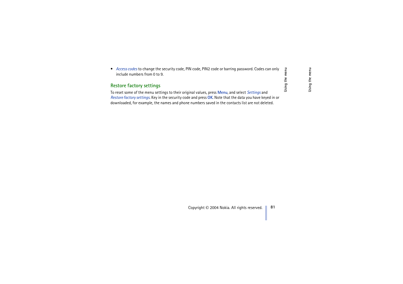 Restore factory settings | Nokia 3100 User Manual | Page 81 / 118