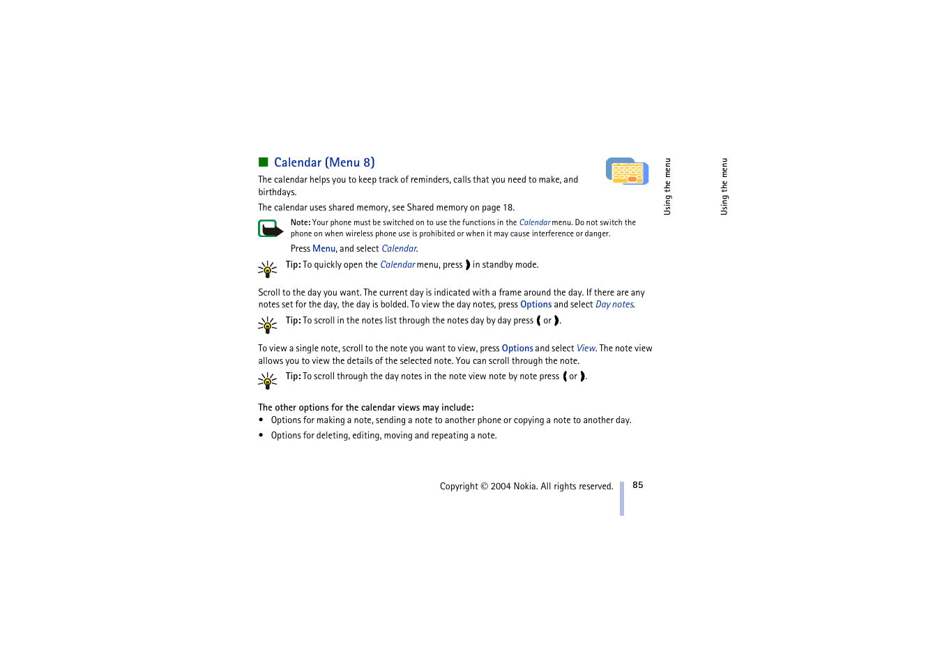 Calendar (menu 8) | Nokia 3100 User Manual | Page 85 / 118