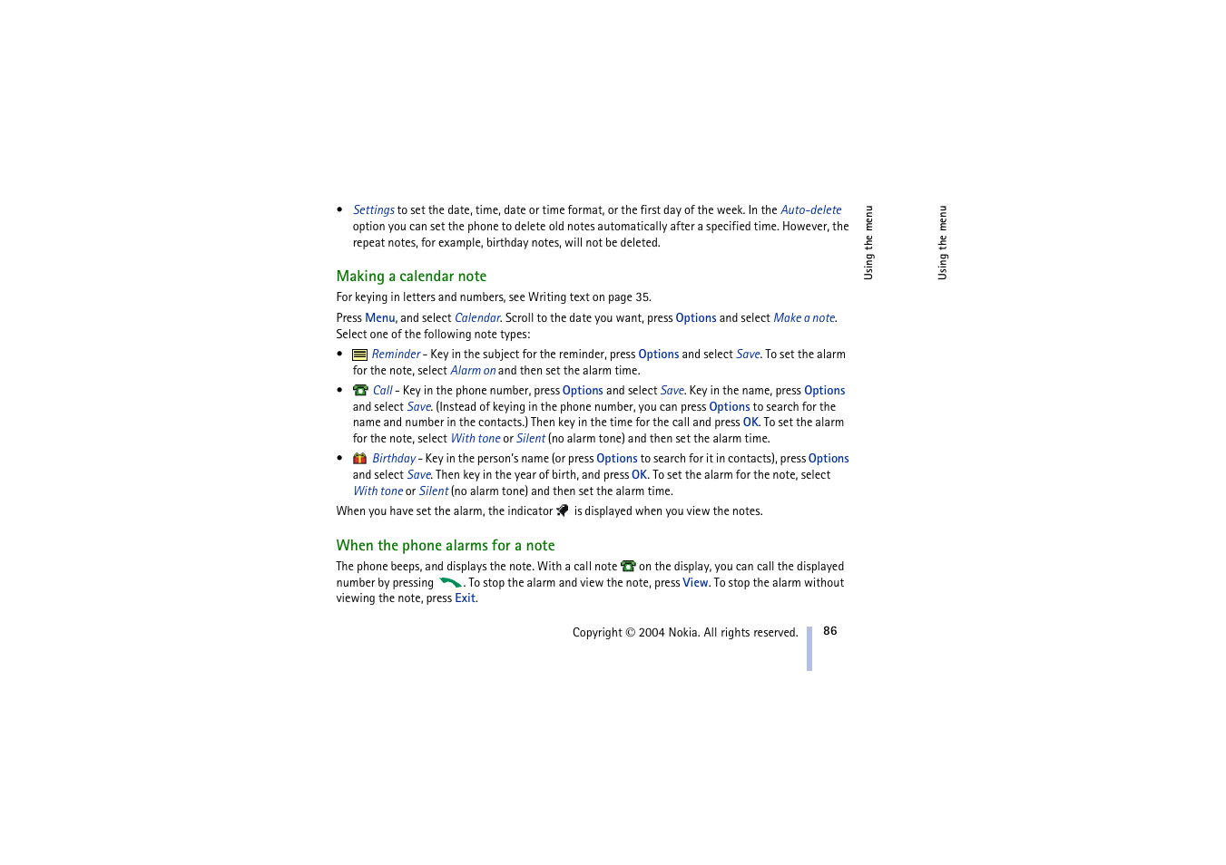 Making a calendar note, When the phone alarms for a note | Nokia 3100 User Manual | Page 86 / 118