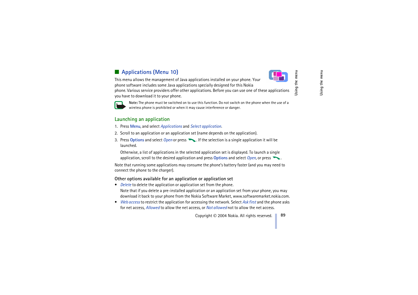 Applications (menu 10), Launching an application | Nokia 3100 User Manual | Page 89 / 118